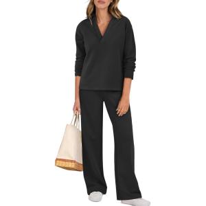 ANRABESS Lounge Sets for Women 2 Piece Outfits Sweatsuit Set Fall V Neck Sweatshirts Wide Leg Pants Tracksuits(Black)