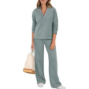 ANRABESS Lounge Sets for Women 2 Piece Outfits Sweatsuit Set Fall V Neck Sweatshirts Wide Leg Pants Tracksuits(Cyan Green)