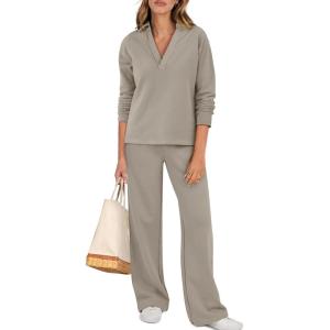 ANRABESS Lounge Sets for Women 2 Piece Outfits Sweatsuit Set Fall V Neck Sweatshirts Wide Leg Pants Tracksuits(Khaki)