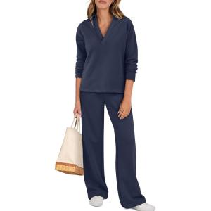 ANRABESS Lounge Sets for Women 2 Piece Outfits Sweatsuit Set Fall V Neck Sweatshirts Wide Leg Pants Tracksuits(Navy Blue)