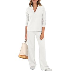 ANRABESS Lounge Sets for Women 2 Piece Outfits Sweatsuit Set Fall V Neck Sweatshirts Wide Leg Pants Tracksuits(White)