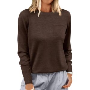 ANRABESS Oversized Sweaters for Women Casual Crewneck Knit Lightweight Chest Pocket Pullover Top 2025 Fall Travel Outfits(Coffee)