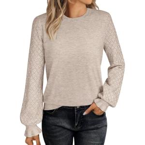 ANRABESS Sweaters for Women Lace Long Sleeve Tops 2025 Fall Dressy Casual Business Knitted Pullover Shirts Puff Cuffs Outfits(Almond)