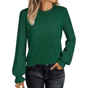 ANRABESS Sweaters for Women Lace Long Sleeve Tops 2025 Fall Dressy Casual Business Knitted Pullover Shirts Puff Cuffs Outfits(Forest Green)