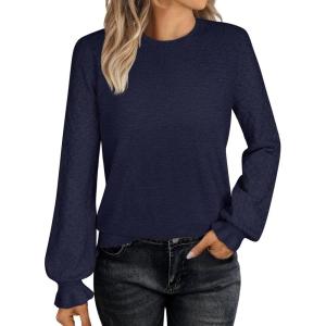 ANRABESS Sweaters for Women Lace Long Sleeve Tops 2025 Fall Dressy Casual Business Knitted Pullover Shirts Puff Cuffs Outfits(Navy Blue)