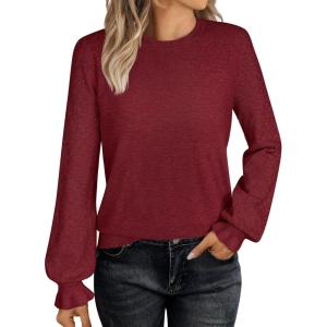 ANRABESS Sweaters for Women Lace Long Sleeve Tops 2025 Fall Dressy Casual Business Knitted Pullover Shirts Puff Cuffs Outfits(Red)