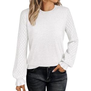 ANRABESS Sweaters for Women Lace Long Sleeve Tops 2025 Fall Dressy Casual Business Knitted Pullover Shirts Puff Cuffs Outfits(White)