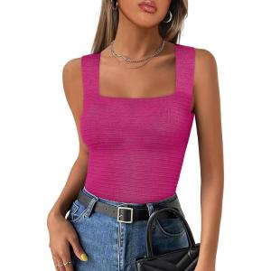 ANRABESS Tank Tops for Women 2025 Summer Square Neck Rib Knit Sleeveless Basic Slim Fit Shirts Casual Top Trendy Outfits(Hot Pink)