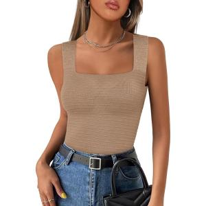 ANRABESS Tank Tops for Women 2025 Summer Square Neck Rib Knit Sleeveless Basic Slim Fit Shirts Casual Top Trendy Outfits(Khaki)