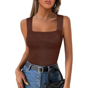 ANRABESS Tank Tops for Women 2025 Summer Square Neck Rib Knit Sleeveless Basic Slim Fit Shirts Casual Top Trendy Outfits(Red Brown)
