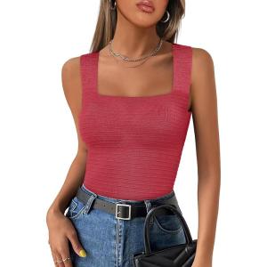 ANRABESS Tank Tops for Women 2025 Summer Square Neck Rib Knit Sleeveless Basic Slim Fit Shirts Casual Top Trendy Outfits(Watermelon Red)