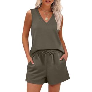ANRABESS Two Piece Sets for Women 2025 Summer Outfits Short Matching Lounge Set Casual V Neck Beach Vacation Travel Clothes(Army Green)