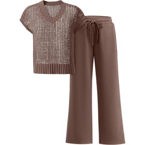 ANRABESS Women 2 Piece Lounge Sets Crochet Knit Sweater Vest Wide Leg Pants Summer Casual Travel Matching Outfits Clothes(Brown)