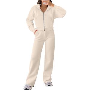ANRABESS Women 2 Piece Outfits Sweatsuit Zip Up Crop Hoodies SweatPants Lounge Matching Sweat Set 2024 Winter Trendy Clothes(Beige)