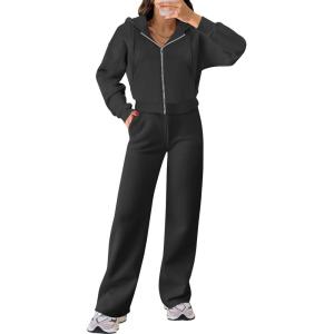 ANRABESS Women 2 Piece Outfits Sweatsuit Zip Up Crop Hoodies SweatPants Lounge Matching Sweat Set 2024 Winter Trendy Clothes(Black)
