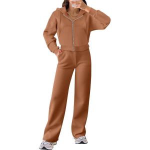 ANRABESS Women 2 Piece Outfits Sweatsuit Zip Up Crop Hoodies SweatPants Lounge Matching Sweat Set 2024 Winter Trendy Clothes(Coffee)