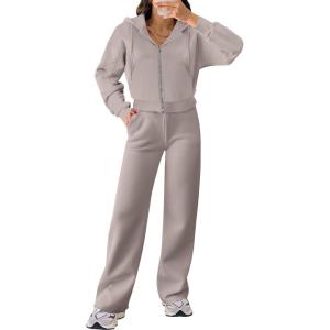 ANRABESS Women 2 Piece Outfits Sweatsuit Zip Up Crop Hoodies SweatPants Lounge Matching Sweat Set 2024 Winter Trendy Clothes(Coffeegrey)