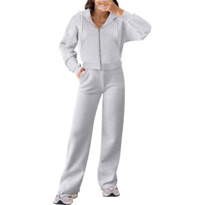 ANRABESS Women 2 Piece Outfits Sweatsuit Zip Up Crop Hoodies SweatPants Lounge Matching Sweat Set 2024 Winter Trendy Clothes(Grey)