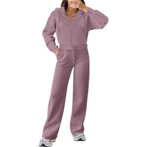 ANRABESS Women 2 Piece Outfits Sweatsuit Zip Up Crop Hoodies SweatPants Lounge Matching Sweat Set 2024 Winter Trendy Clothes(Light Purple)