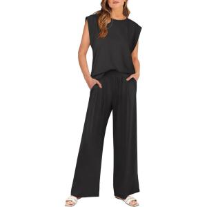 ANRABESS Women 2 Piece Outfits Tank Top & Palazzo Pants 2025 Summer Lounge Matching Sets Travel Vacation Beach Clothing(Black)