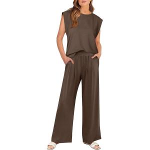 ANRABESS Women 2 Piece Outfits Tank Top & Palazzo Pants 2025 Summer Lounge Matching Sets Travel Vacation Beach Clothing(Dark Brown)