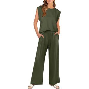 ANRABESS Women 2 Piece Outfits Tank Top & Palazzo Pants 2025 Summer Lounge Matching Sets Travel Vacation Beach Clothing(Dark Green)