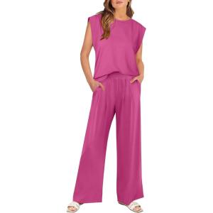 ANRABESS Women 2 Piece Outfits Tank Top & Palazzo Pants 2025 Summer Lounge Matching Sets Travel Vacation Beach Clothing(Hot Pink)
