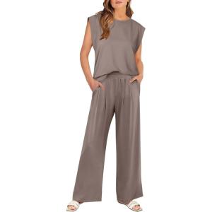 ANRABESS Women 2 Piece Outfits Tank Top & Palazzo Pants 2025 Summer Lounge Matching Sets Travel Vacation Beach Clothing(Light Brown)