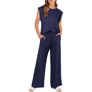 ANRABESS Women 2 Piece Outfits Tank Top & Palazzo Pants 2025 Summer Lounge Matching Sets Travel Vacation Beach Clothing(Navy Blue)