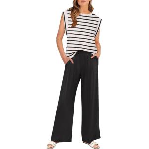 ANRABESS Women 2 Piece Outfits Tank Top & Palazzo Pants 2025 Summer Lounge Matching Sets Travel Vacation Beach Clothing(Stripe Black and White)
