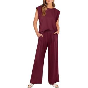 ANRABESS Women 2 Piece Outfits Tank Top & Palazzo Pants 2025 Summer Lounge Matching Sets Travel Vacation Beach Clothing(Wine Red)