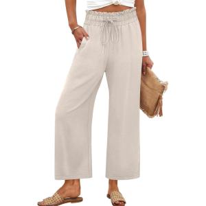 ANRABESS Women 2025 Summer Casual Flowy Loose High Waist Boho Wide Leg Cropped Palazzo Lounge Beach Vacation Pants Trousers(Beige)