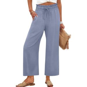 ANRABESS Women 2025 Summer Casual Flowy Loose High Waist Boho Wide Leg Cropped Palazzo Lounge Beach Vacation Pants Trousers(Blue)