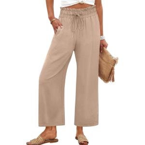 ANRABESS Women 2025 Summer Casual Flowy Loose High Waist Boho Wide Leg Cropped Palazzo Lounge Beach Vacation Pants Trousers(Khaki)