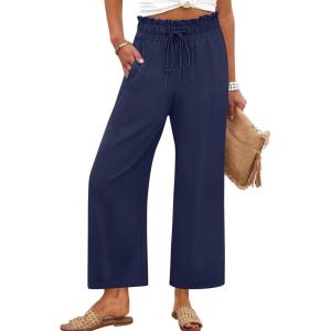 ANRABESS Women 2025 Summer Casual Flowy Loose High Waist Boho Wide Leg Cropped Palazzo Lounge Beach Vacation Pants Trousers(Navy Blue)