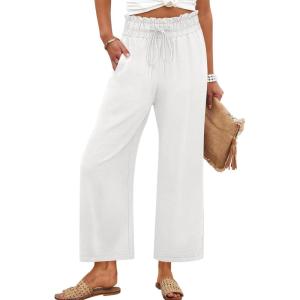 ANRABESS Women 2025 Summer Casual Flowy Loose High Waist Boho Wide Leg Cropped Palazzo Lounge Beach Vacation Pants Trousers(White)
