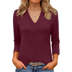 ANRABESS Women 3/4 Length Sleeve Tops V Neck Basic Dressy Casual Business Tunic Tee Shirts 2025 Fall Summer Trendy Outfits(Burgundy)