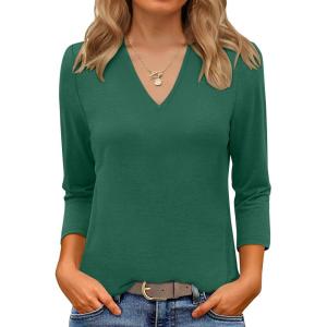 ANRABESS Women 3/4 Length Sleeve Tops V Neck Basic Dressy Casual Business Tunic Tee Shirts 2025 Fall Summer Trendy Outfits(Deep Green)