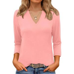 ANRABESS Women 3/4 Length Sleeve Tops V Neck Basic Dressy Casual Business Tunic Tee Shirts 2025 Fall Summer Trendy Outfits(Pink)