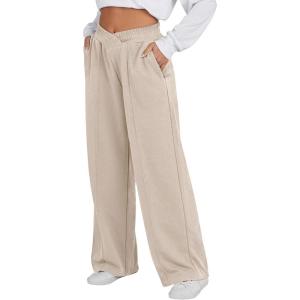 ANRABESS Women Asymmetric High Waist Wide Straight Leg Sweatpants with Pockets 2024 Fall Trendy Sweat Jogger Pants(Almond)