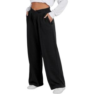 ANRABESS Women Asymmetric High Waist Wide Straight Leg Sweatpants with Pockets 2024 Fall Trendy Sweat Jogger Pants(Black)