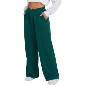 ANRABESS Women Asymmetric High Waist Wide Straight Leg Sweatpants with Pockets 2024 Fall Trendy Sweat Jogger Pants(Green)