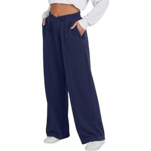 ANRABESS Women Asymmetric High Waist Wide Straight Leg Sweatpants with Pockets 2024 Fall Trendy Sweat Jogger Pants(Navy Blue)