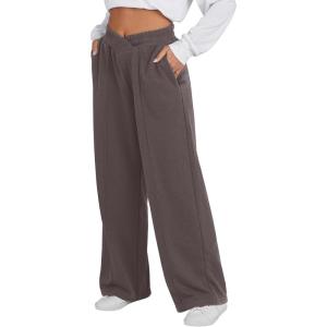 ANRABESS Women Asymmetric High Waist Wide Straight Leg Sweatpants with Pockets 2024 Fall Trendy Sweat Jogger Pants(Pure Brown)