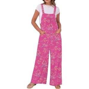 ANRABESS Women Jumpsuits Overalls Wide Leg Casual Baggy Romper Boho Loose Bib Jumpers Sleeveless Straps 2025 Summer Outfits(Hot Pink Floral)