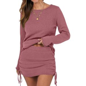 ANRABESS Women Long Sleeve Skirt Sets 2025 Fall Sweater Lounge Sets 2 Piece Beach Vacation Outfits(Deep Pink)