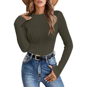 ANRABESS Women Long Sleeve Tops Slim Fitted Business Casual Shirts Rib Textured T-Shirts 2025 Fall Outfits Dressy Work Blouse(Army Green)