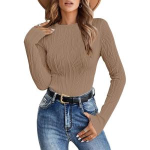 ANRABESS Women Long Sleeve Tops Slim Fitted Business Casual Shirts Rib Textured T-Shirts 2025 Fall Outfits Dressy Work Blouse(Khaki)