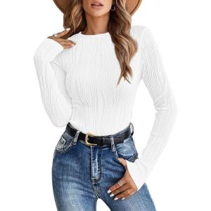 ANRABESS Women Long Sleeve Tops Slim Fitted Business Casual Shirts Rib Textured T-Shirts 2025 Fall Outfits Dressy Work Blouse(White)