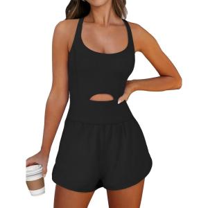 ANRABESS Women Rompers Running Exercise Workout Set One Piece Jumpsuits Gym Yoga Outfits 2025 Summer Active Wear Clothes(Black)